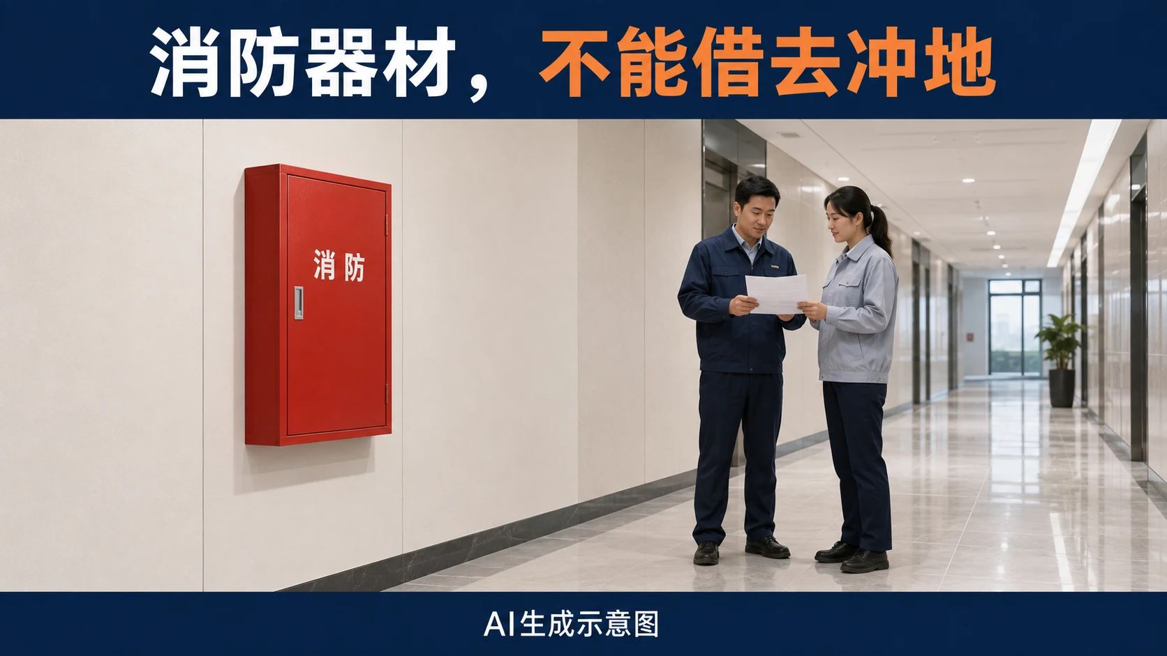 AI生成示意图:消防柜保持关闭,工作人员在柜外讨论清洗任务