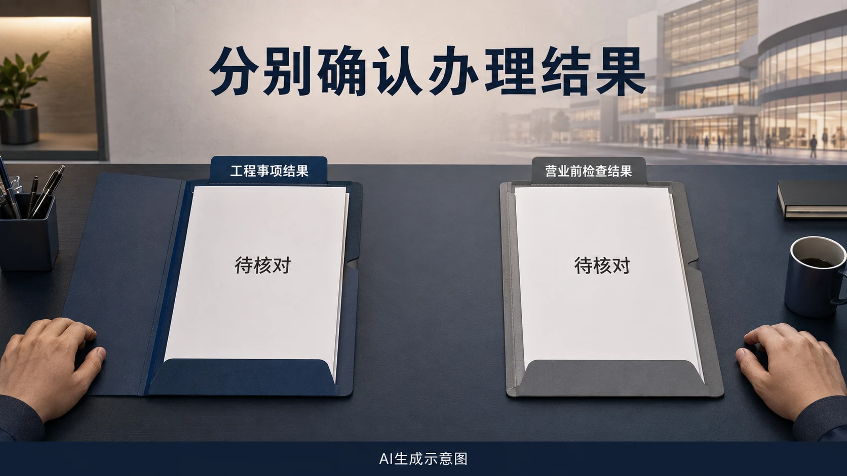 AI生成示意图:工程事项结果与营业前检查结果分别记录,尚待核对的内容保持待核状态