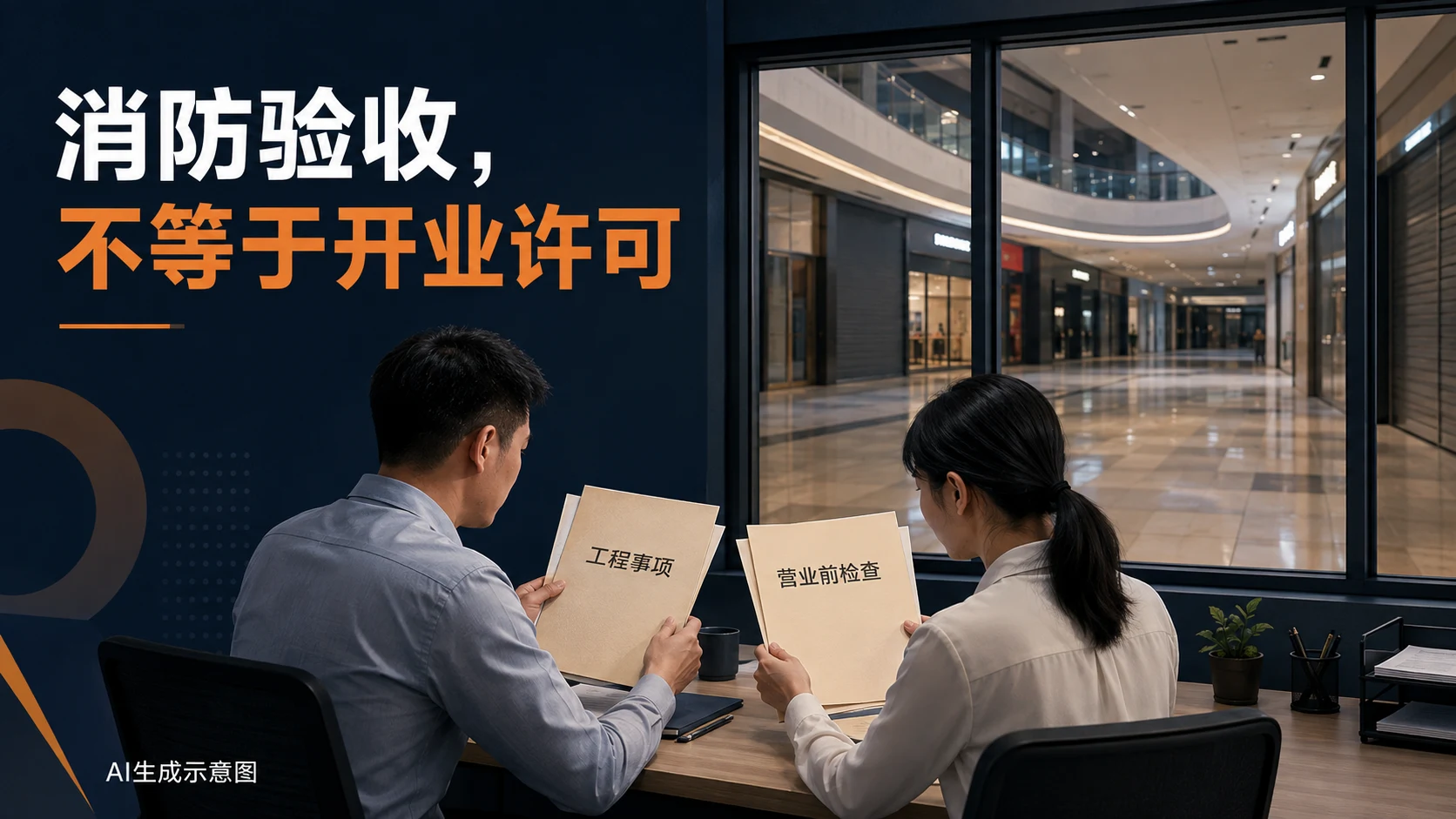 AI生成示意图:商场筹备人员分别核对建设工程与营业前消防事项