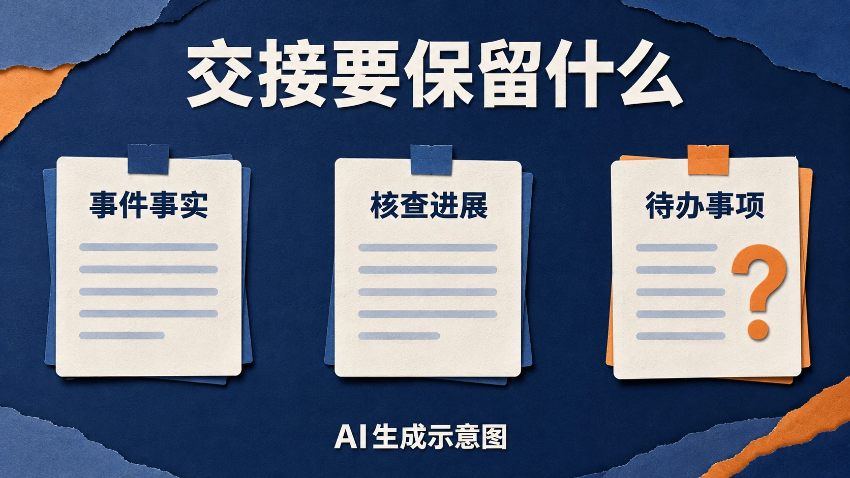 事件事实、核查进展和待办事项三项交接内容示意,AI生成示意图