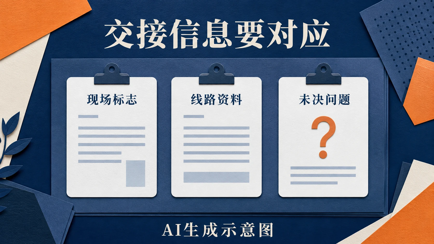 现场标志、线路资料和未决问题三项交接内容示意,AI生成示意图