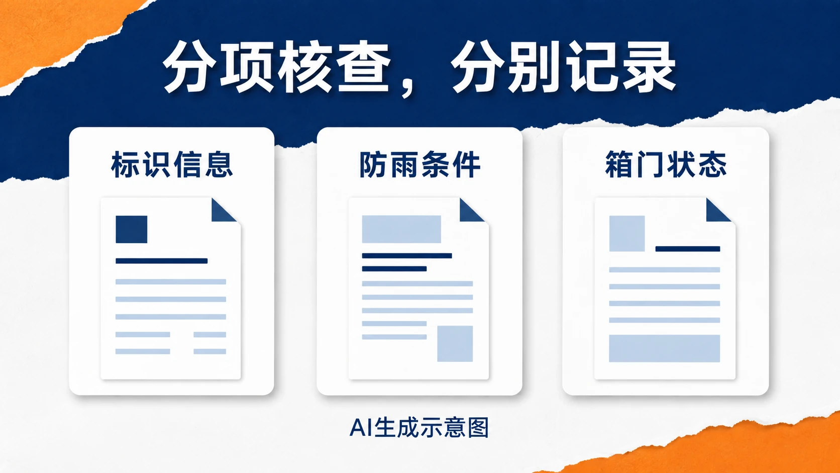 标识信息、防雨条件和箱门状态三类核查事项示意,AI生成示意图