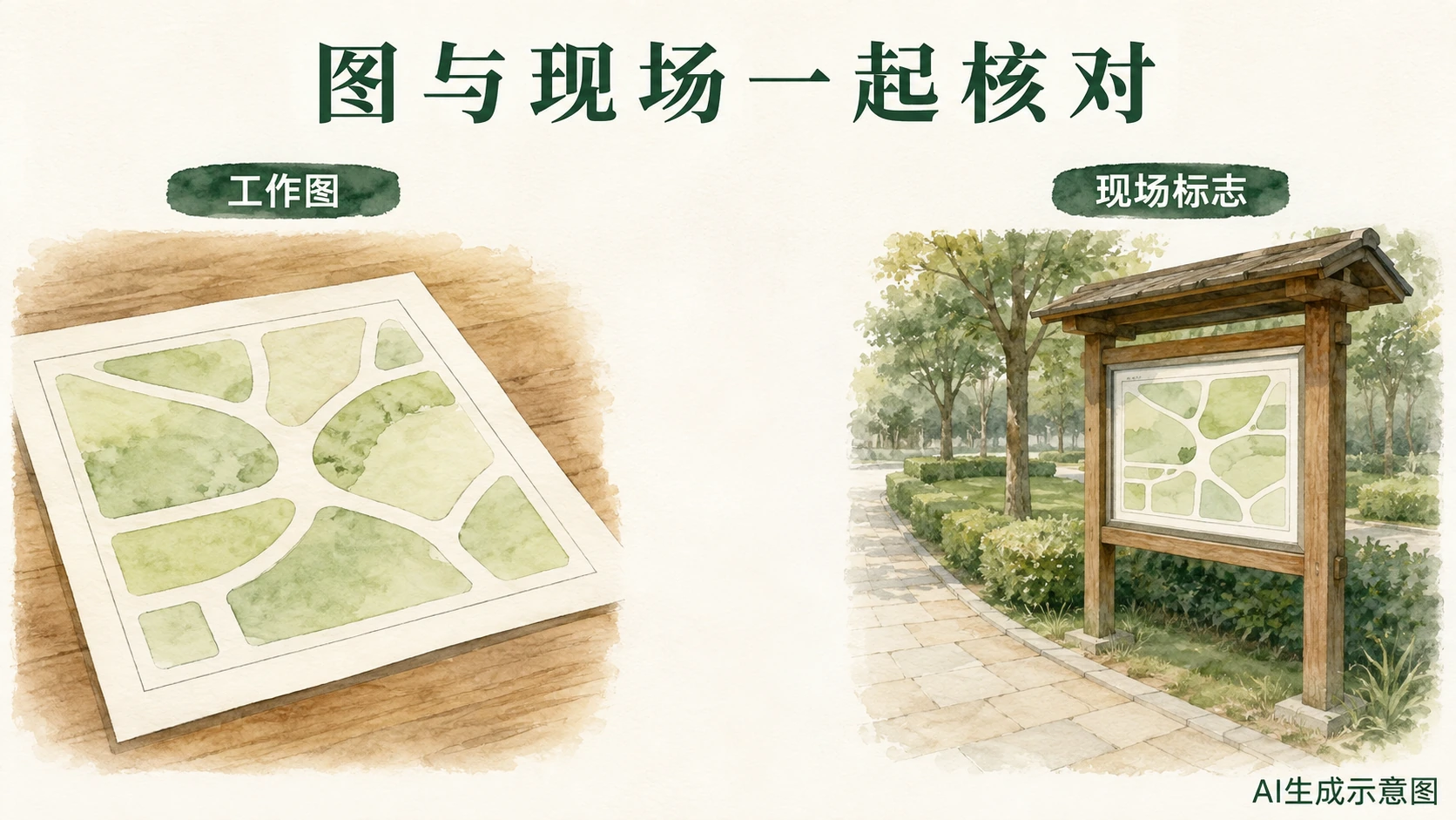 AI生成示意图:工作图和现场标志核对。