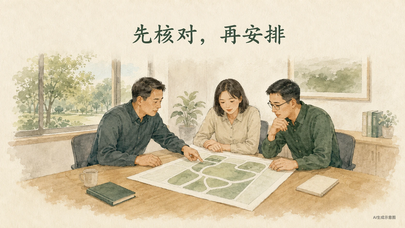 AI生成示意图:室内讨论路线工作图。