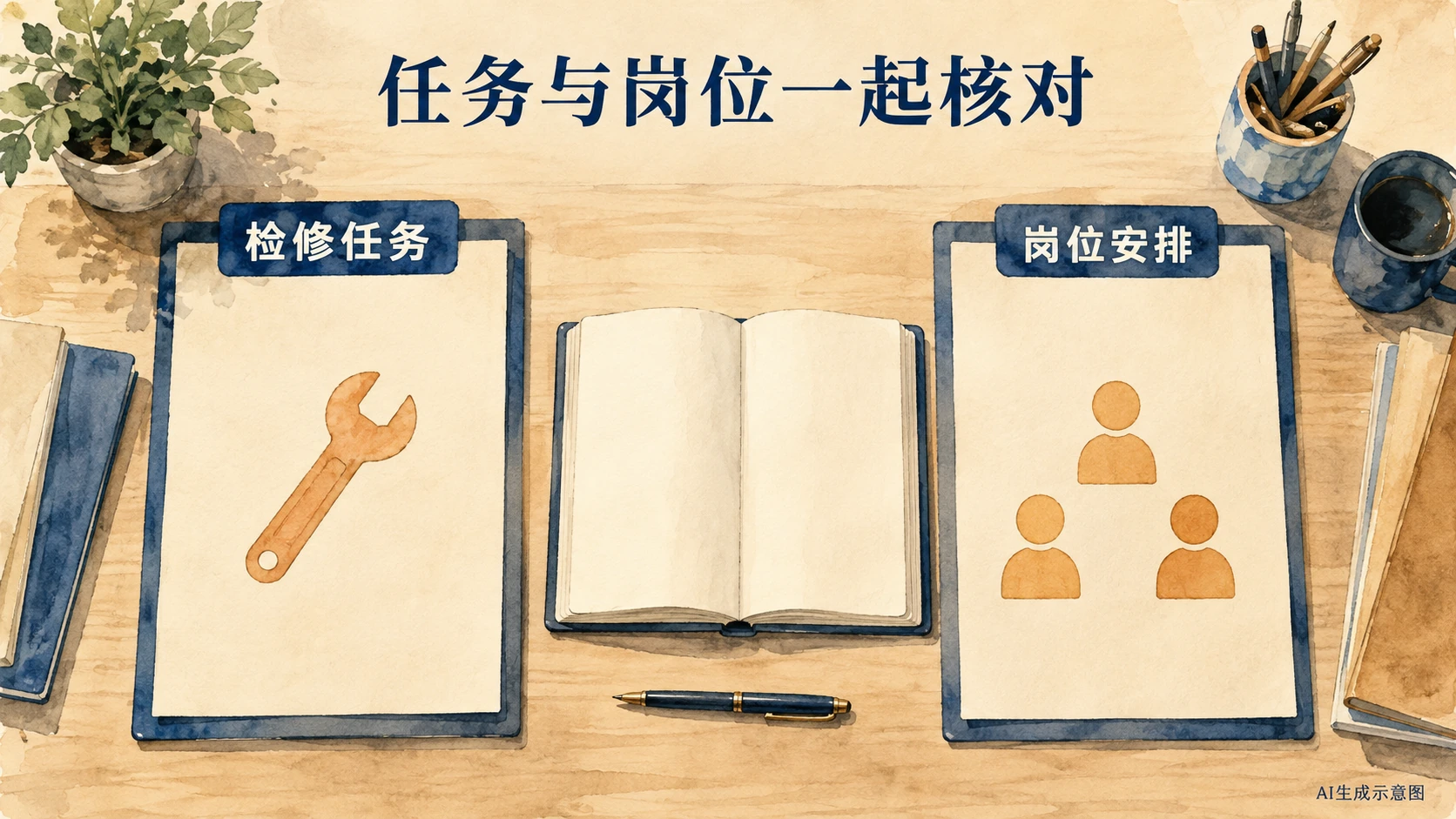 AI生成示意图:核对检修与在岗安排。