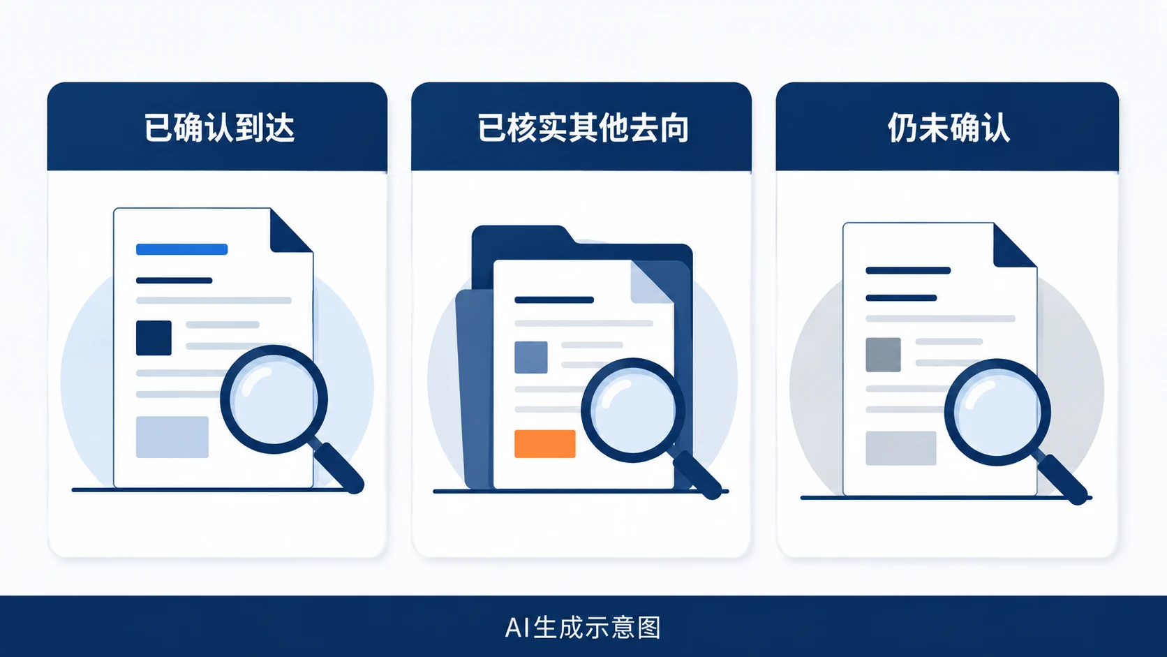 AI生成示意图:已确认到达、已核实其他去向、仍未确认三种信息状态。