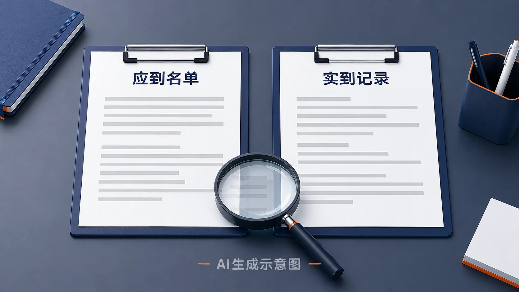 AI生成示意图:应到名单与实到记录并列,核对差异,不预设全部到齐。