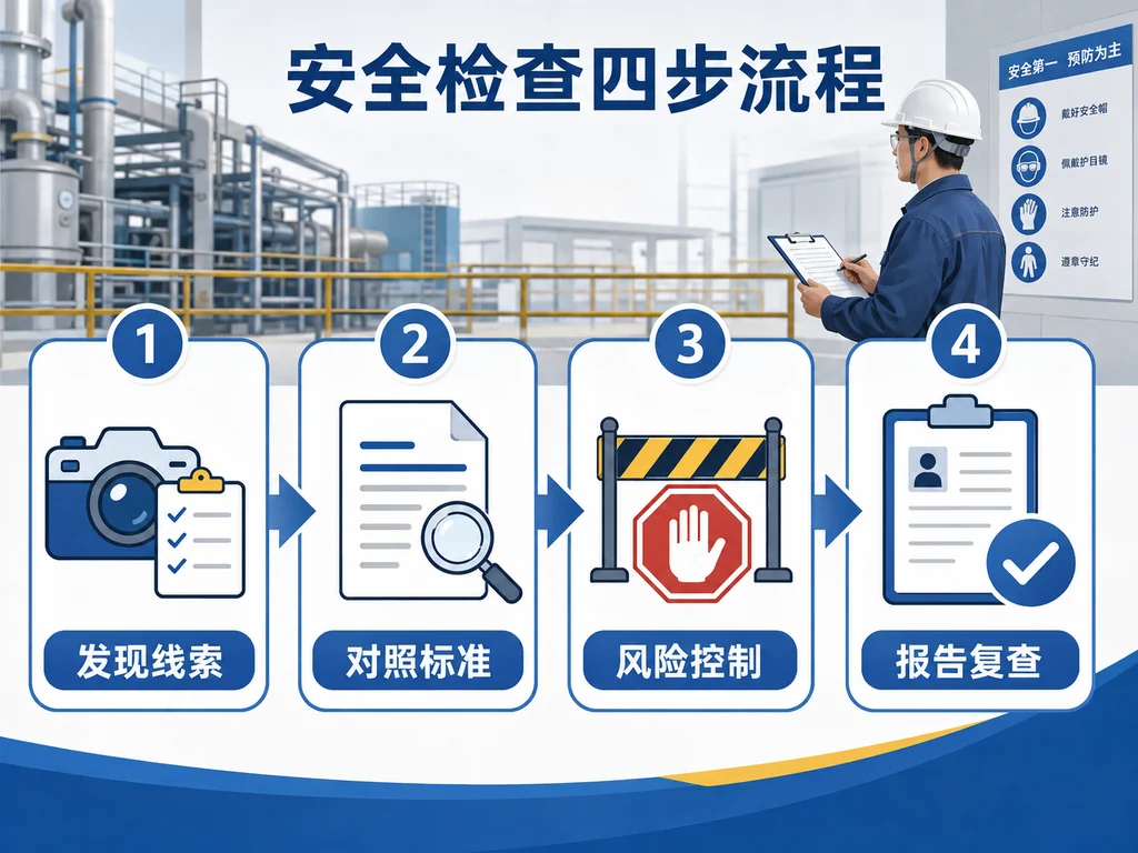 发现线索、对照标准、风险控制、报告复查四节点流程图