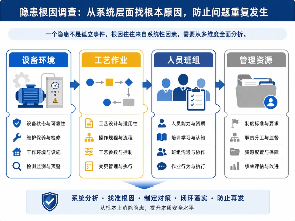 反复隐患从设备工艺人员管理四层原因追查的流程图