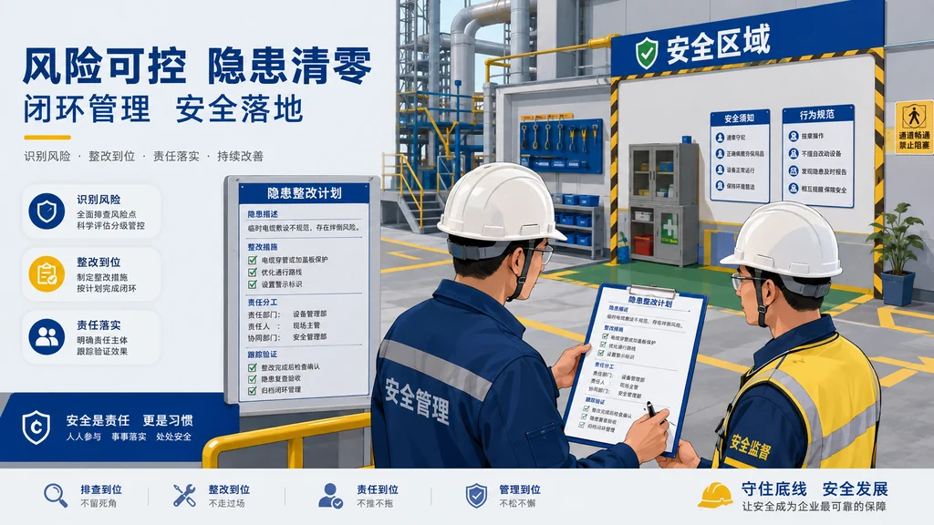 安全人员在现场对照隐患整改方案核对责任与验收条件