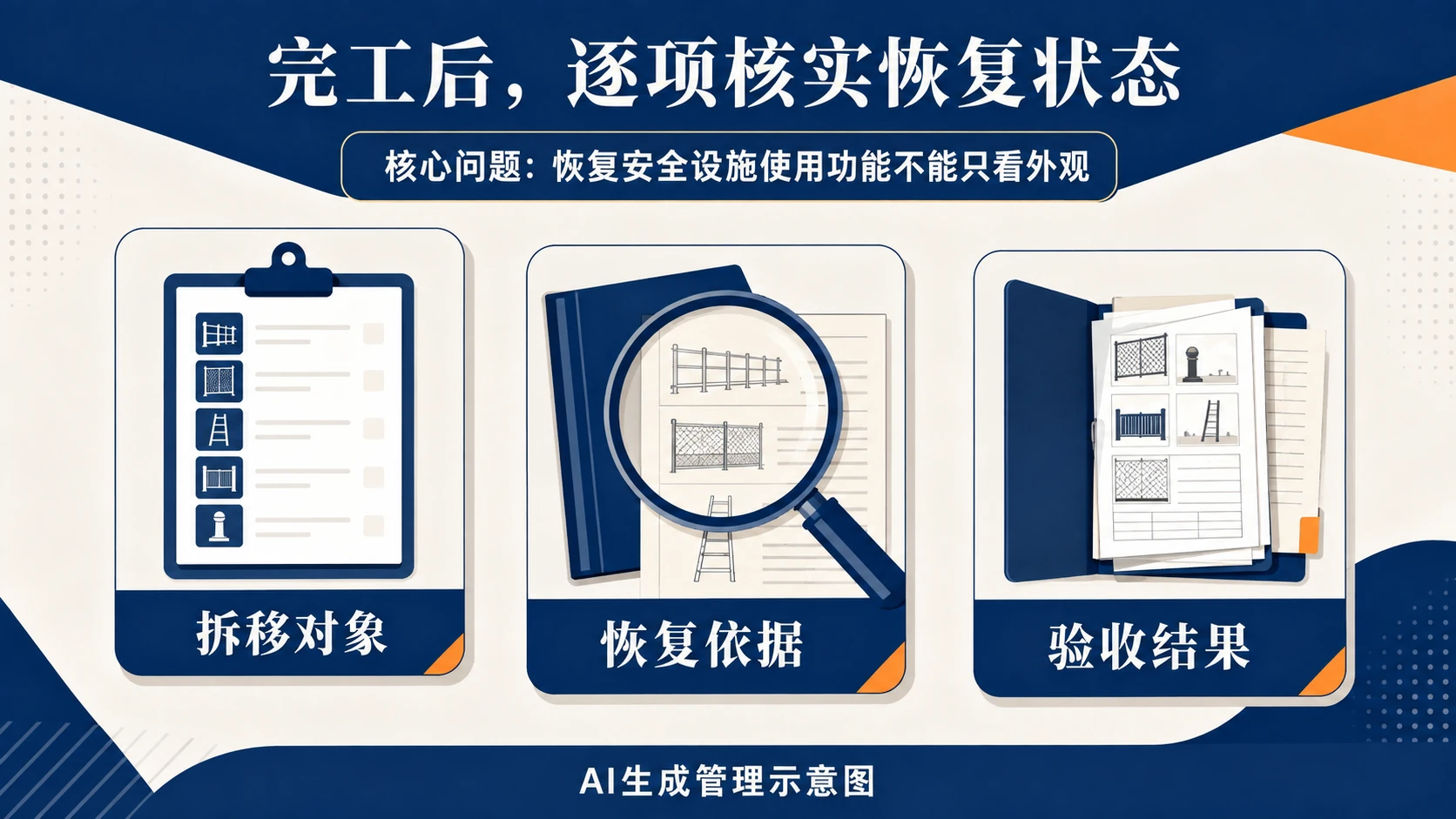 拆移对象、恢复依据与验收结果分别核对,AI生成管理示意图