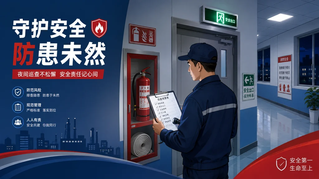 夜班巡查人员在消防重点区域使用巡查表检查安全出口和设施