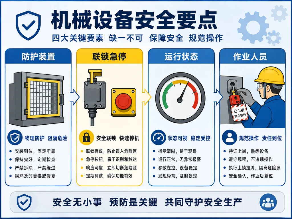 机械设备点检防护装置联锁急停运行状态作业人员四栏示意图
