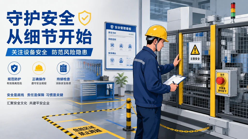 点检人员在机械设备旁检查防护罩和急停装置