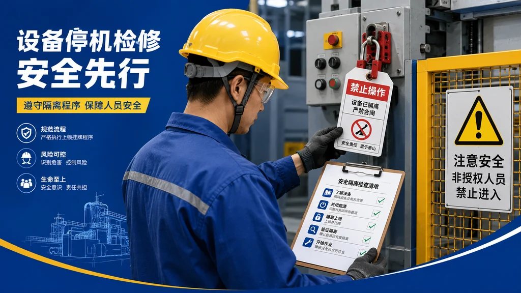 检修人员在机械设备旁核对隔离挂牌和恢复运行条件