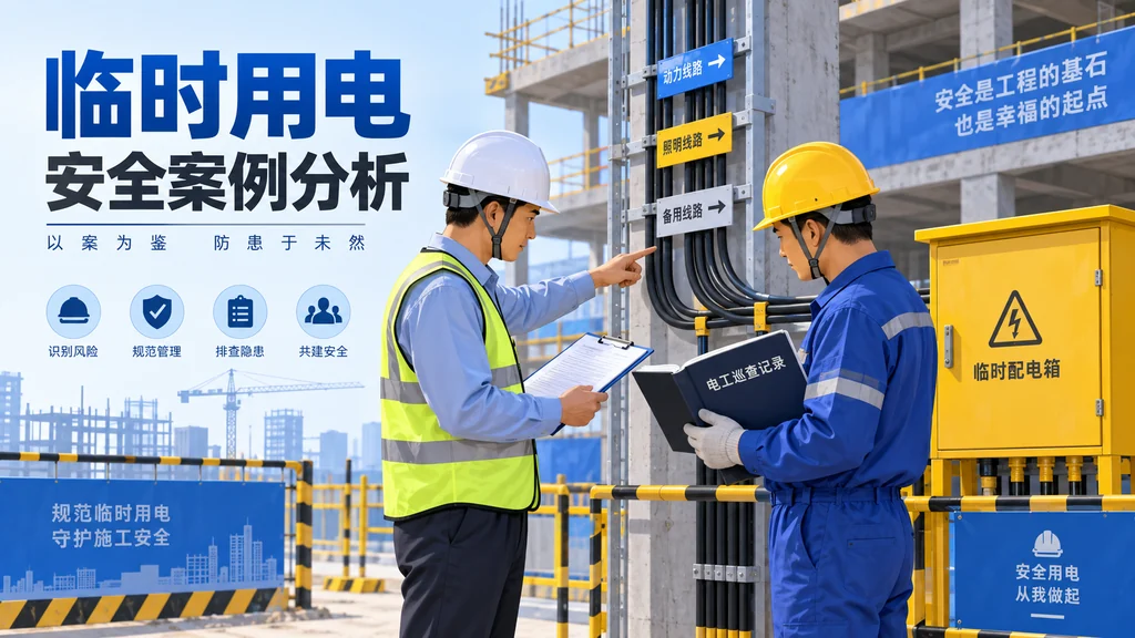 检查人员在施工现场核对临时用电回路标识和巡查记录