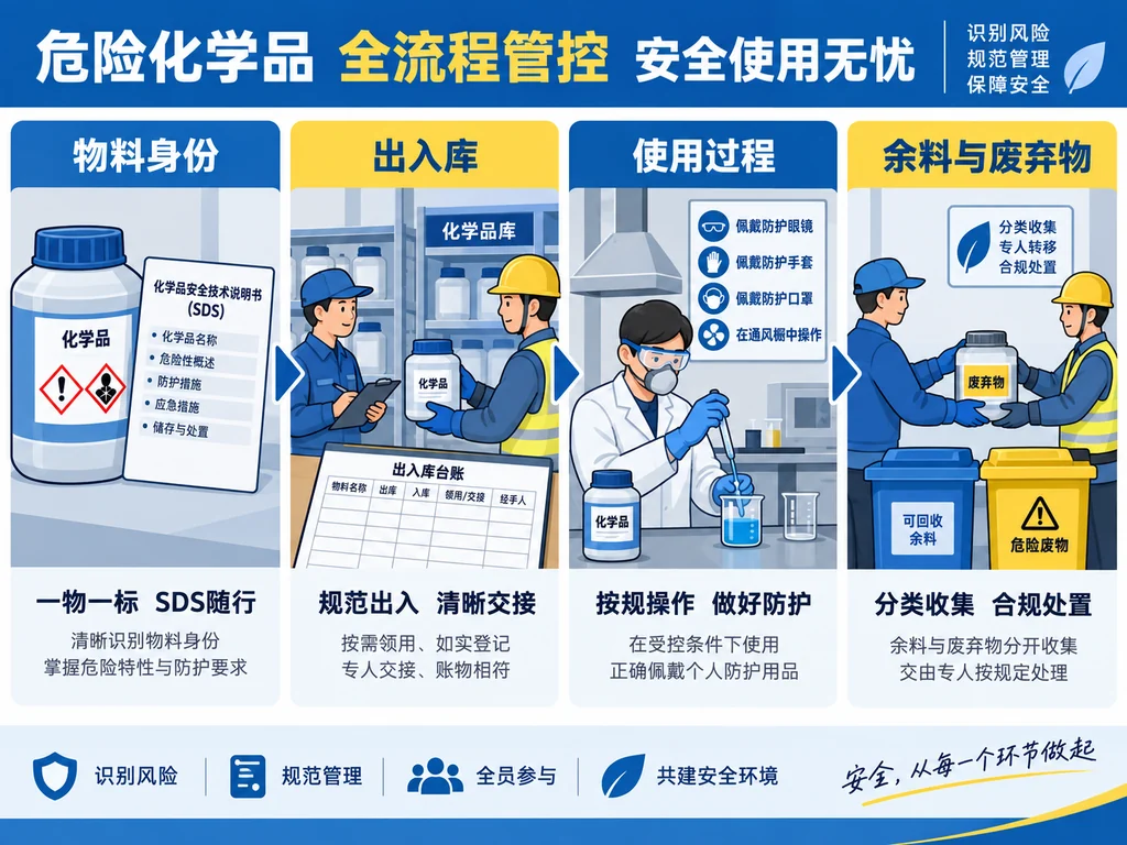 危险化学品物料身份出入库使用过程余料废弃物四段流转核查示意图