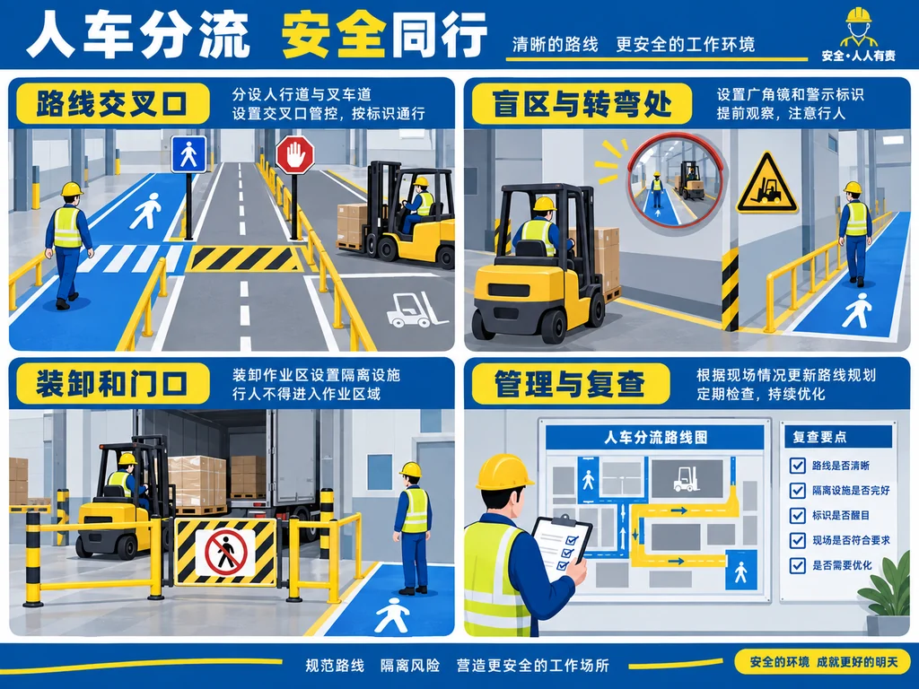 叉车路线交叉口盲区装卸区管理复查四类人车混行风险示意图