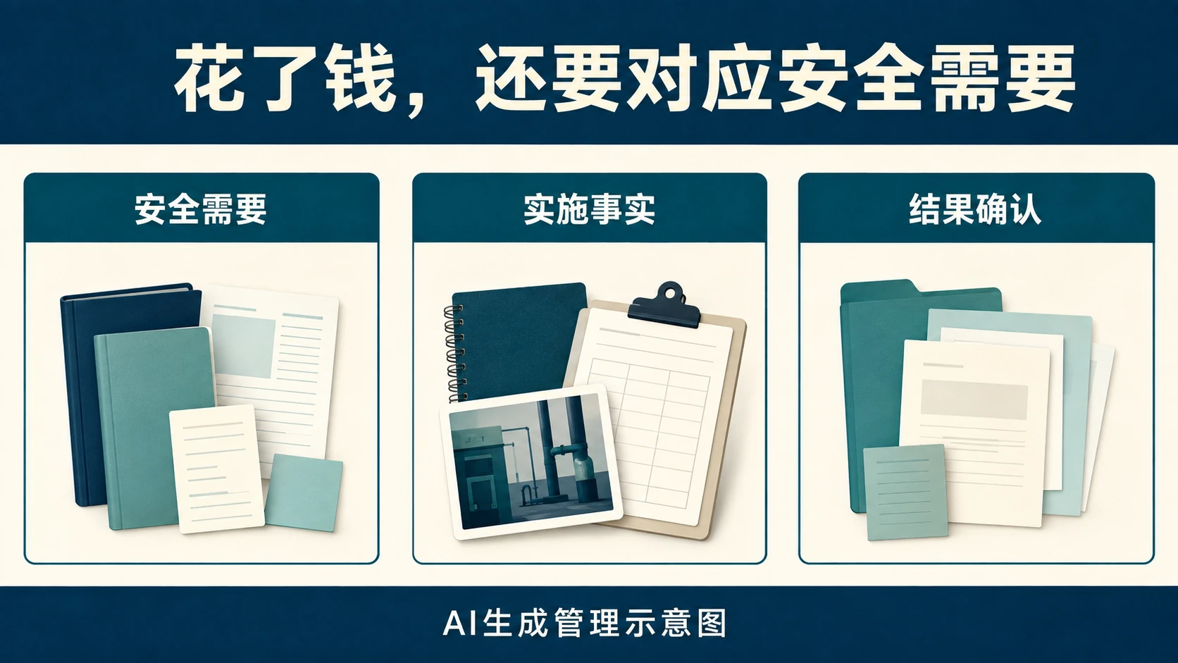 安全需要、实施事实与结果确认分别核对,AI生成管理示意图