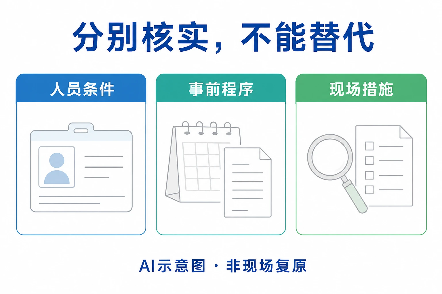 人员条件、事前程序与现场措施分别核实,非事故现场复原,AI生成管理示意图