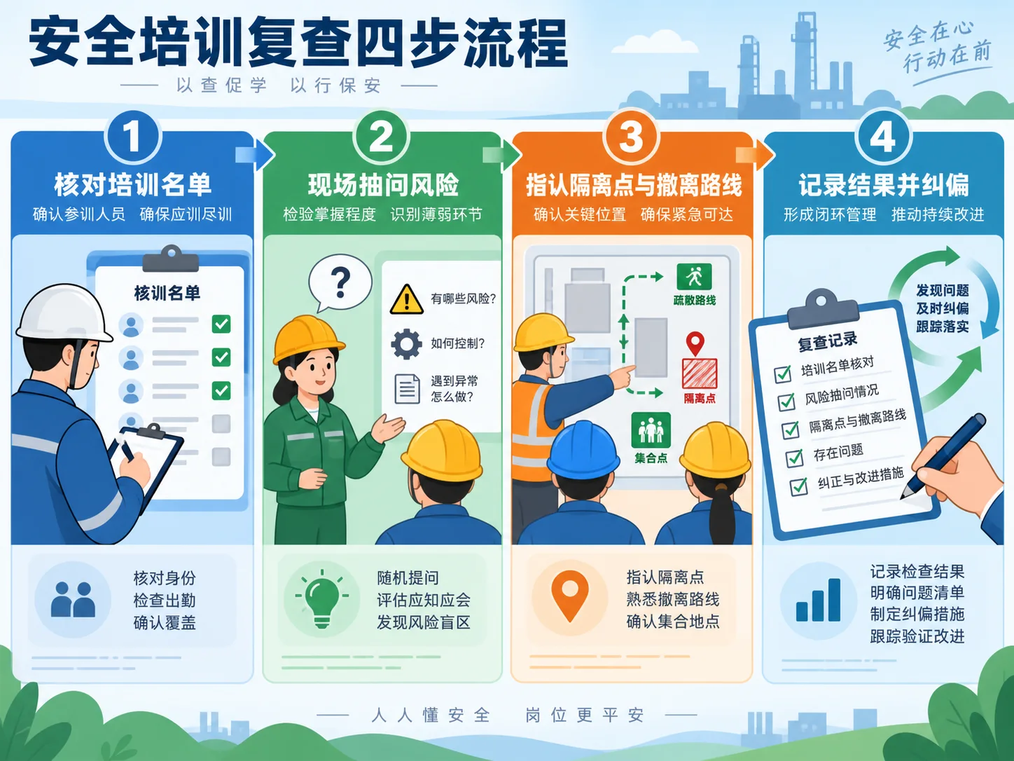 安全培训复查四步流程示意图