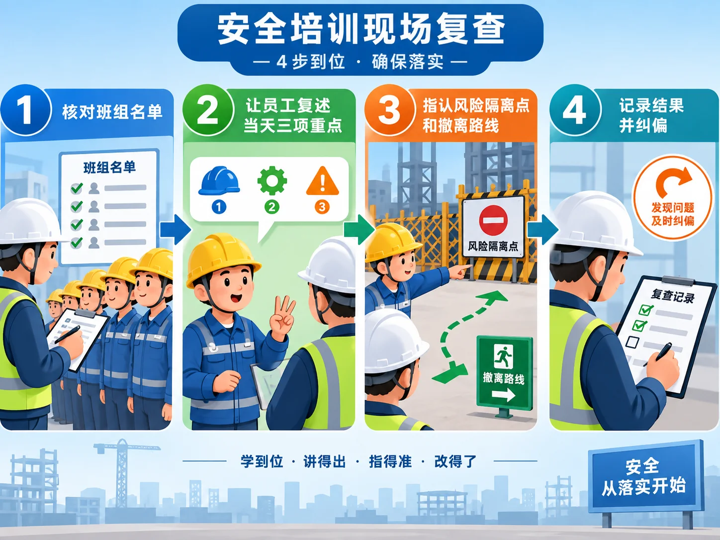 安全培训现场复查四步流程示意图