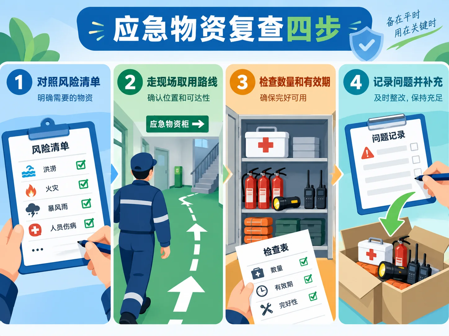应急物资复查四步示意图