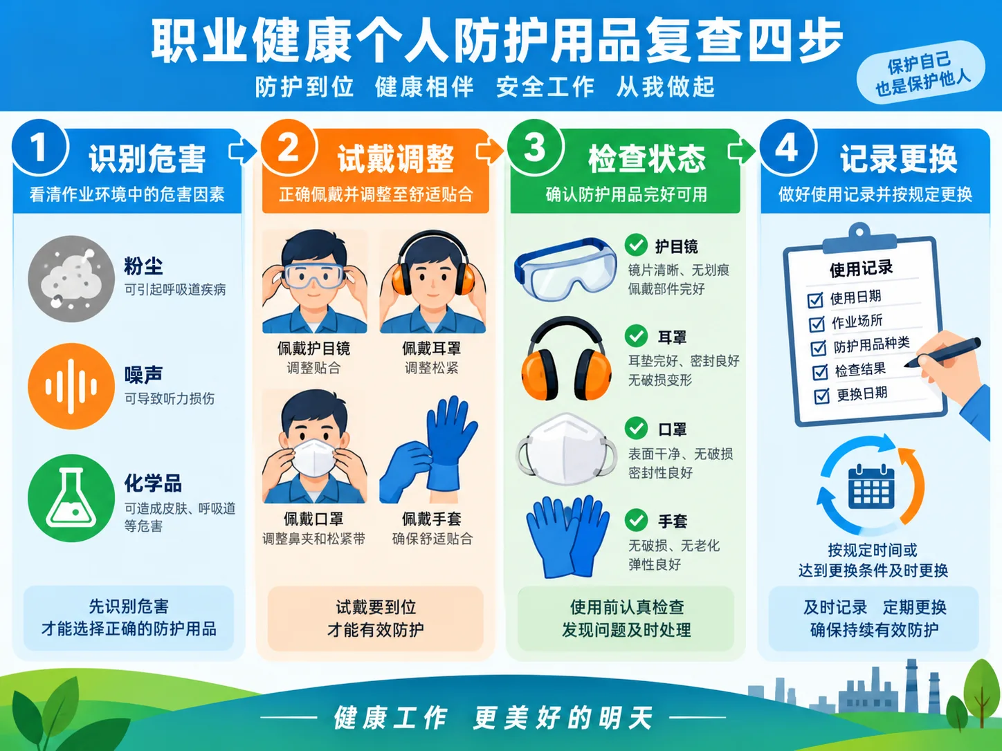 职业健康防护用品复查四步示意图
