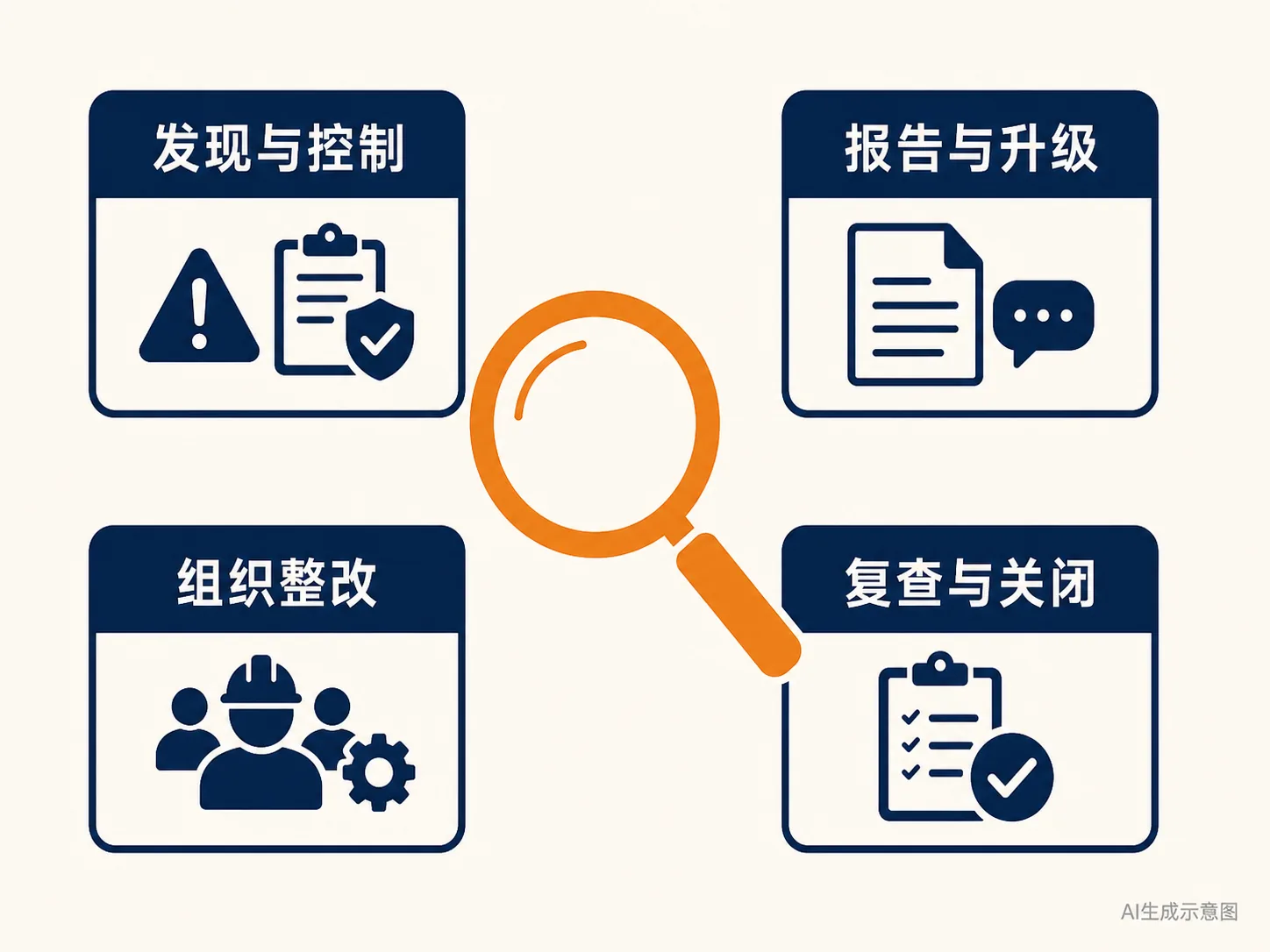 四项责任动作围绕同一隐患逐项核对的AI生成示意图