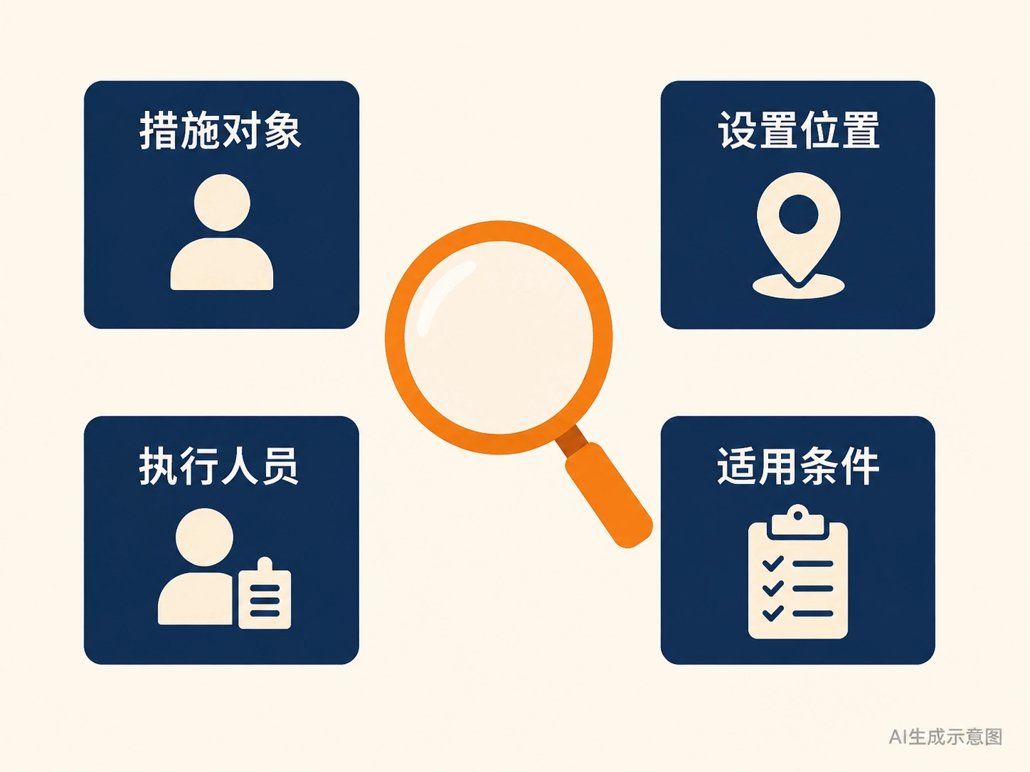 措施、对象、人员和条件四项对应关系的AI生成示意图