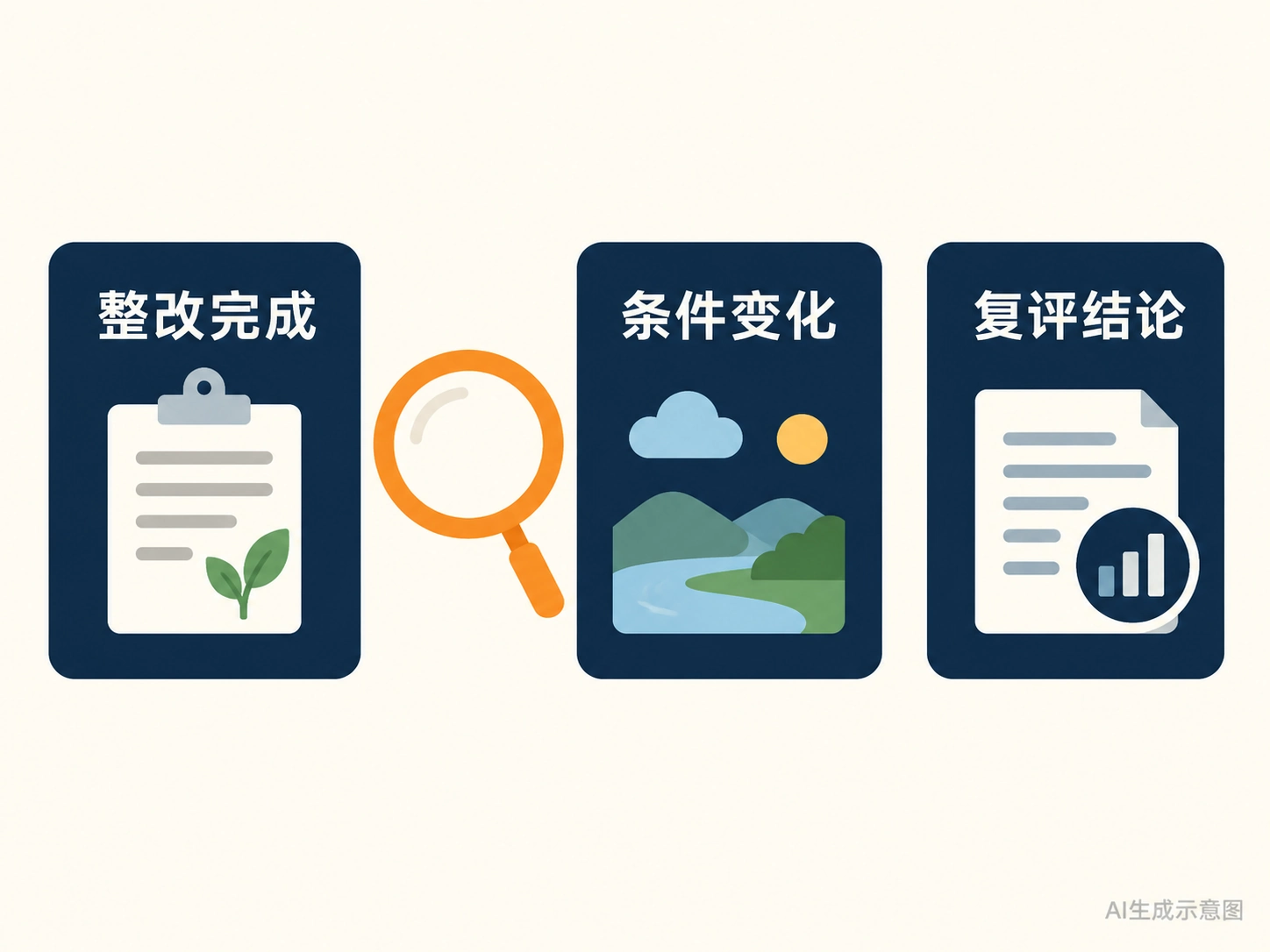 整改完成、条件变化、复评结论三者关系的AI生成示意图