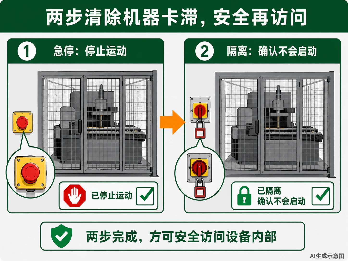 AI生成示意图:左侧急停停止运动,右侧以锁定标识表示仍需完成隔离确认