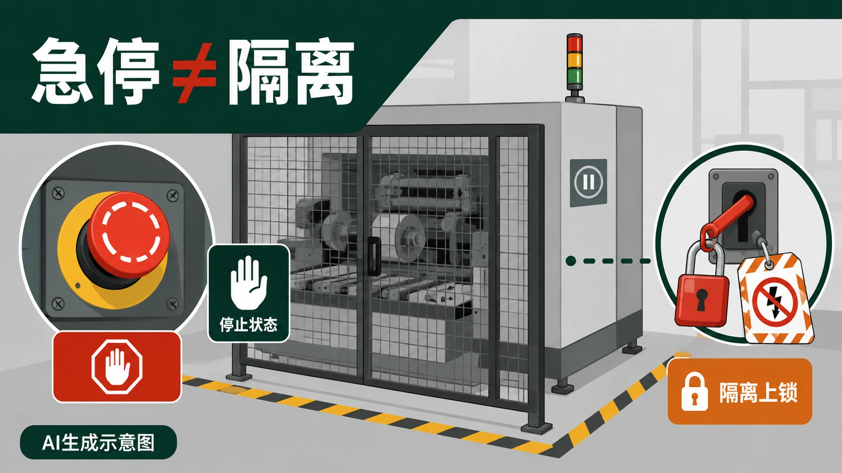 AI生成示意图:机械设备急停后仍需按规定隔离能量再处理卡料