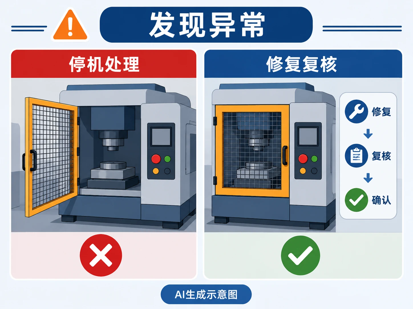 AI生成示意图：机械防护装置维修后的核验、修复和确认流程