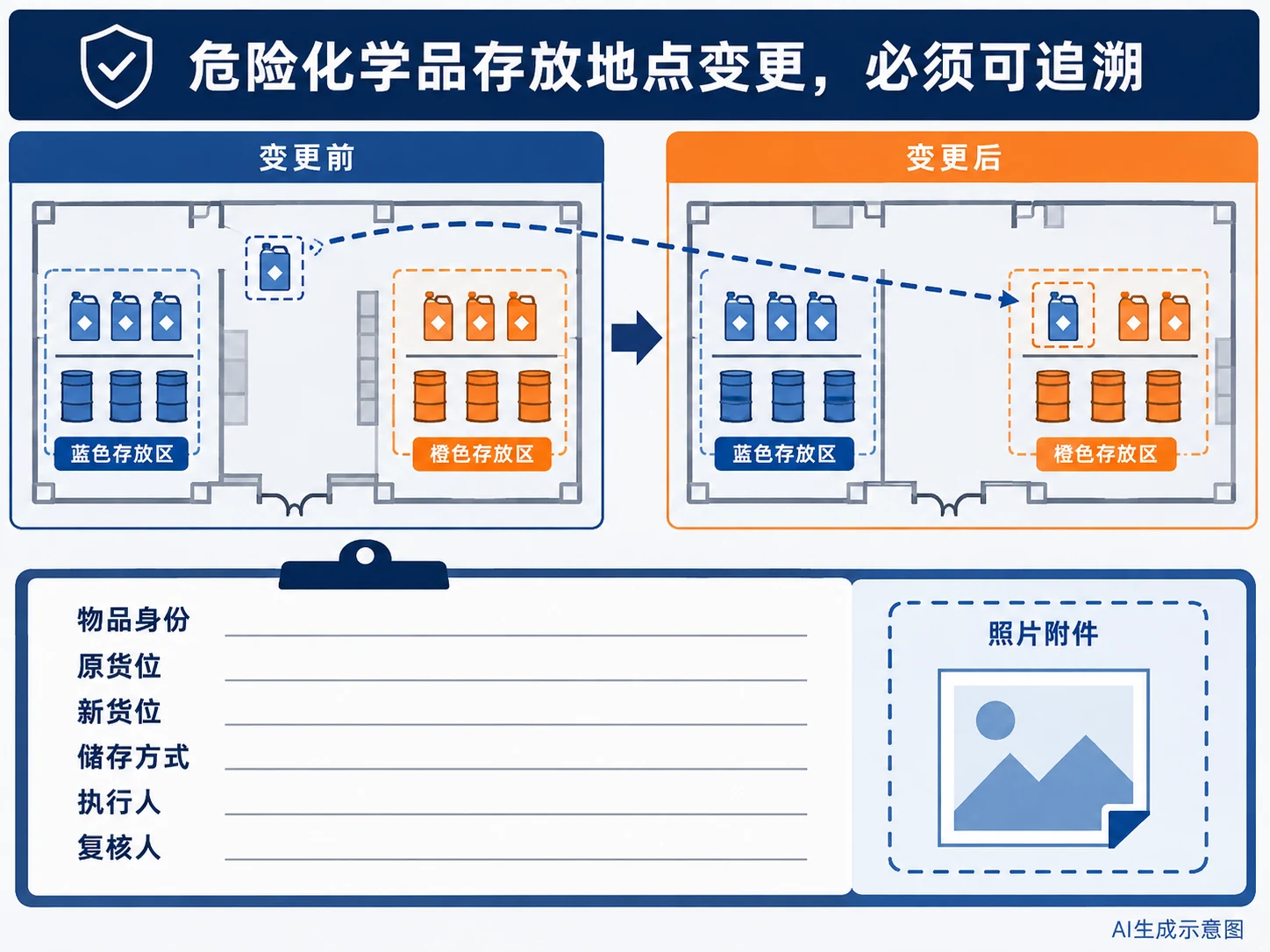 危险化学品货位、SDS依据和复核签名对应的示意,AI生成示意图