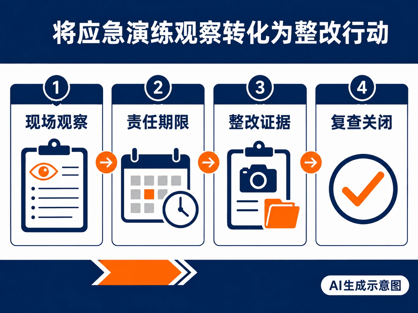 AI生成示意图:现场观察、责任期限、整改证据、复查关闭四项复盘检查。