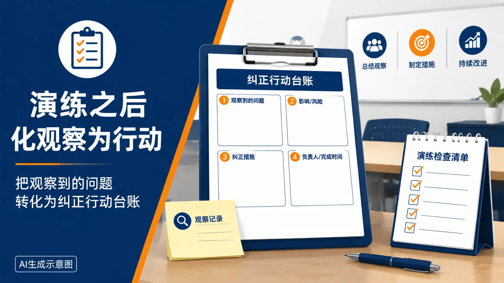 AI生成示意图:把演练观察记录转成整改台账,表示复盘流程示意,不表示问题已经关闭。