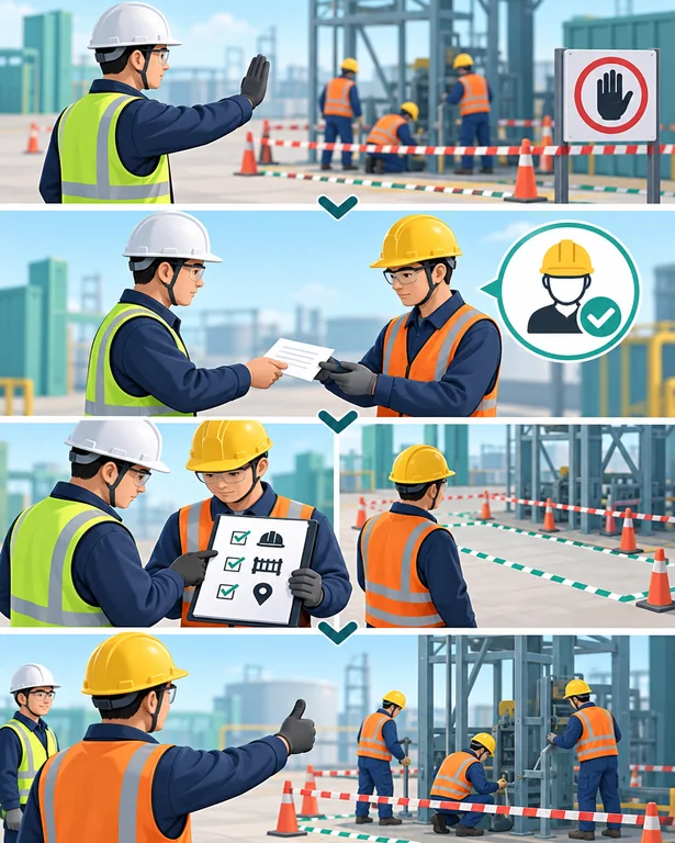 四步流程示意危险作业管理责任交接、措施确认、异常报告和条件复核