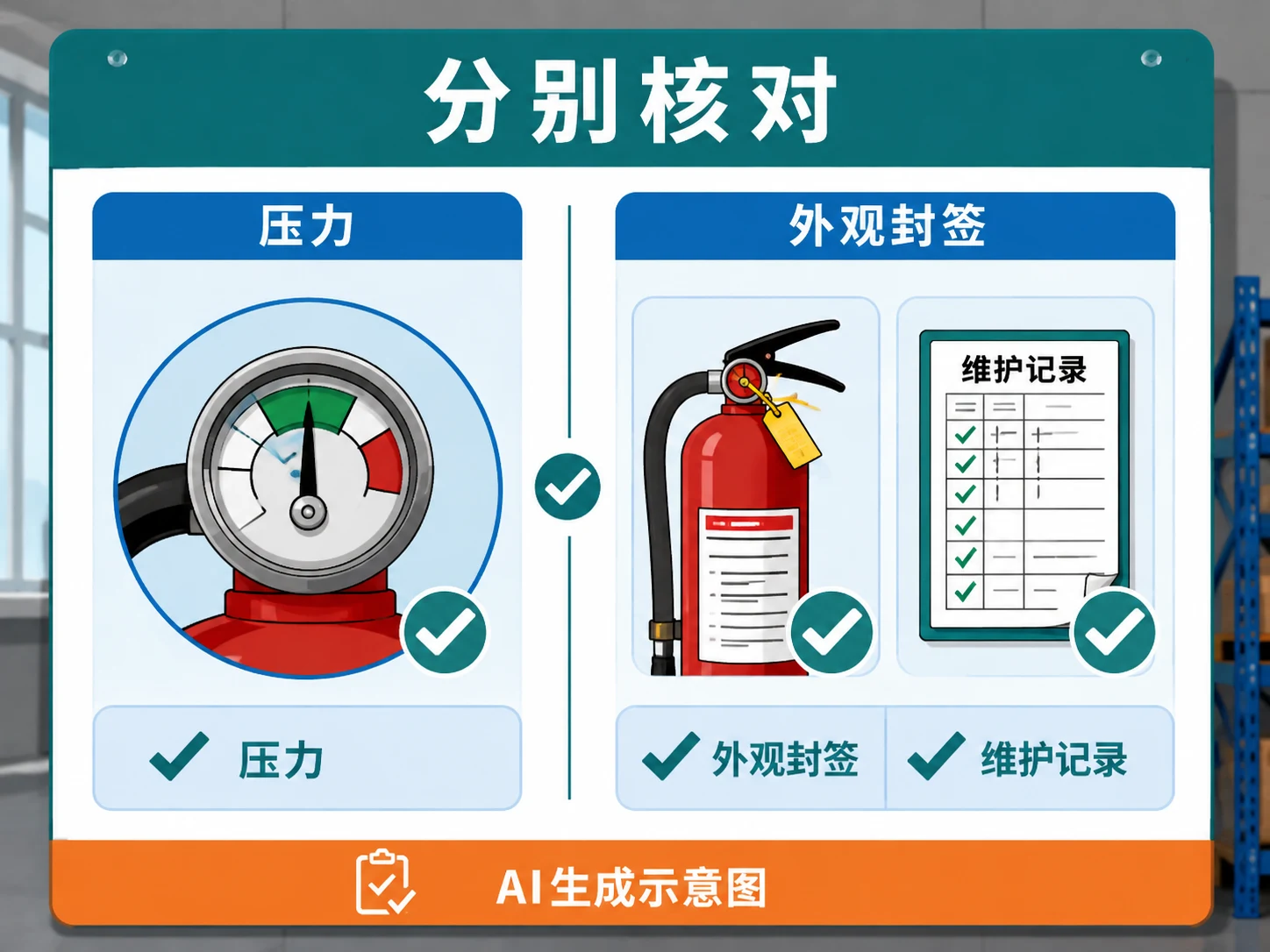AI生成示意图:压力、外观、封签和维护记录四项分开核对