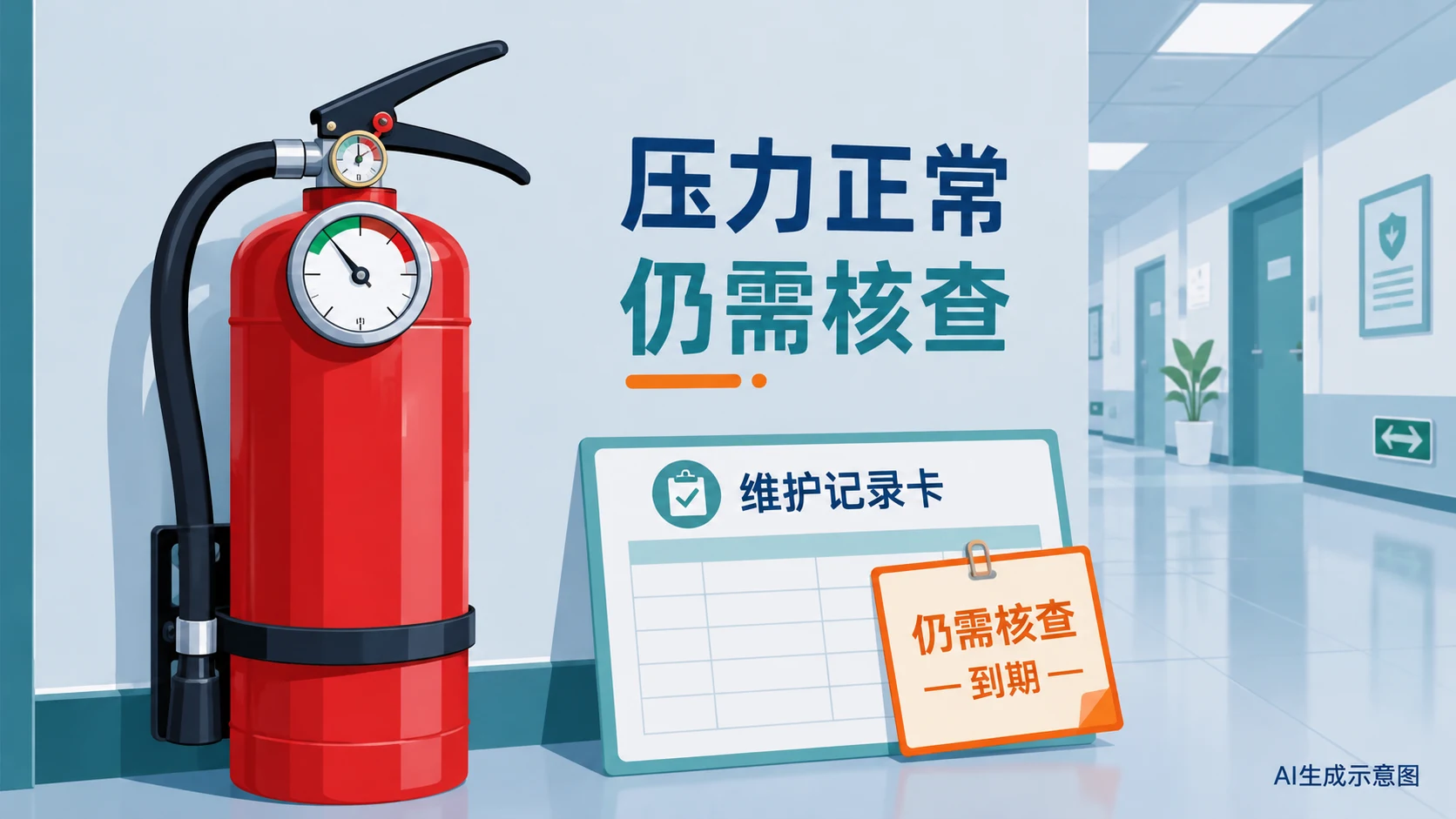 AI生成示意图:灭火器压力表显示绿区,但维护记录到期需进一步核查