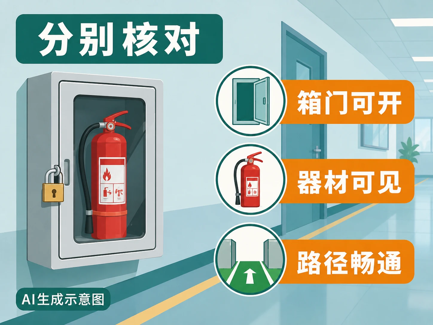 AI生成示意图:分别核对箱门开启、器材可见和取用路径
