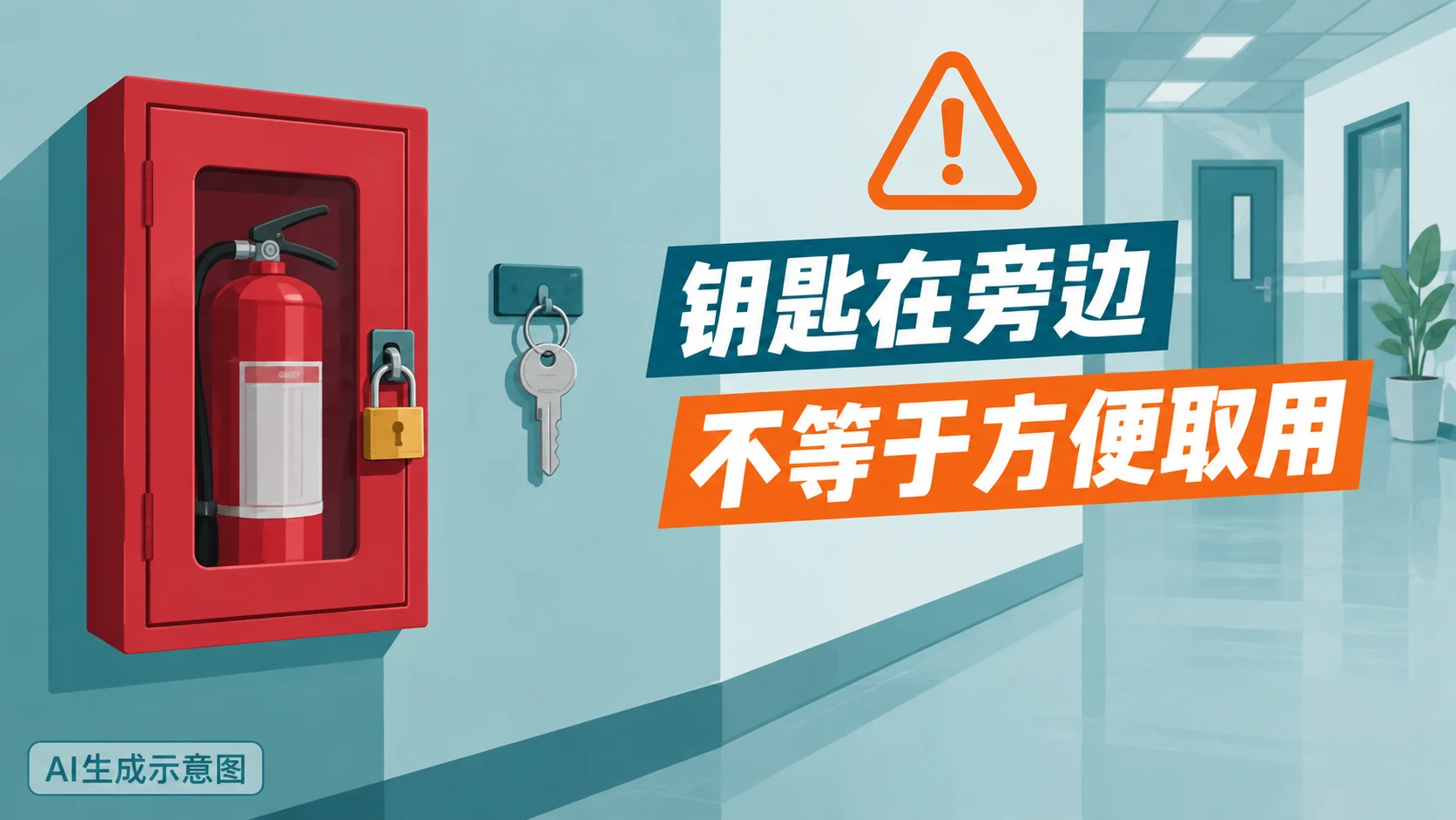 AI生成示意图:灭火器箱上锁并非钥匙挂旁边就等于方便取用