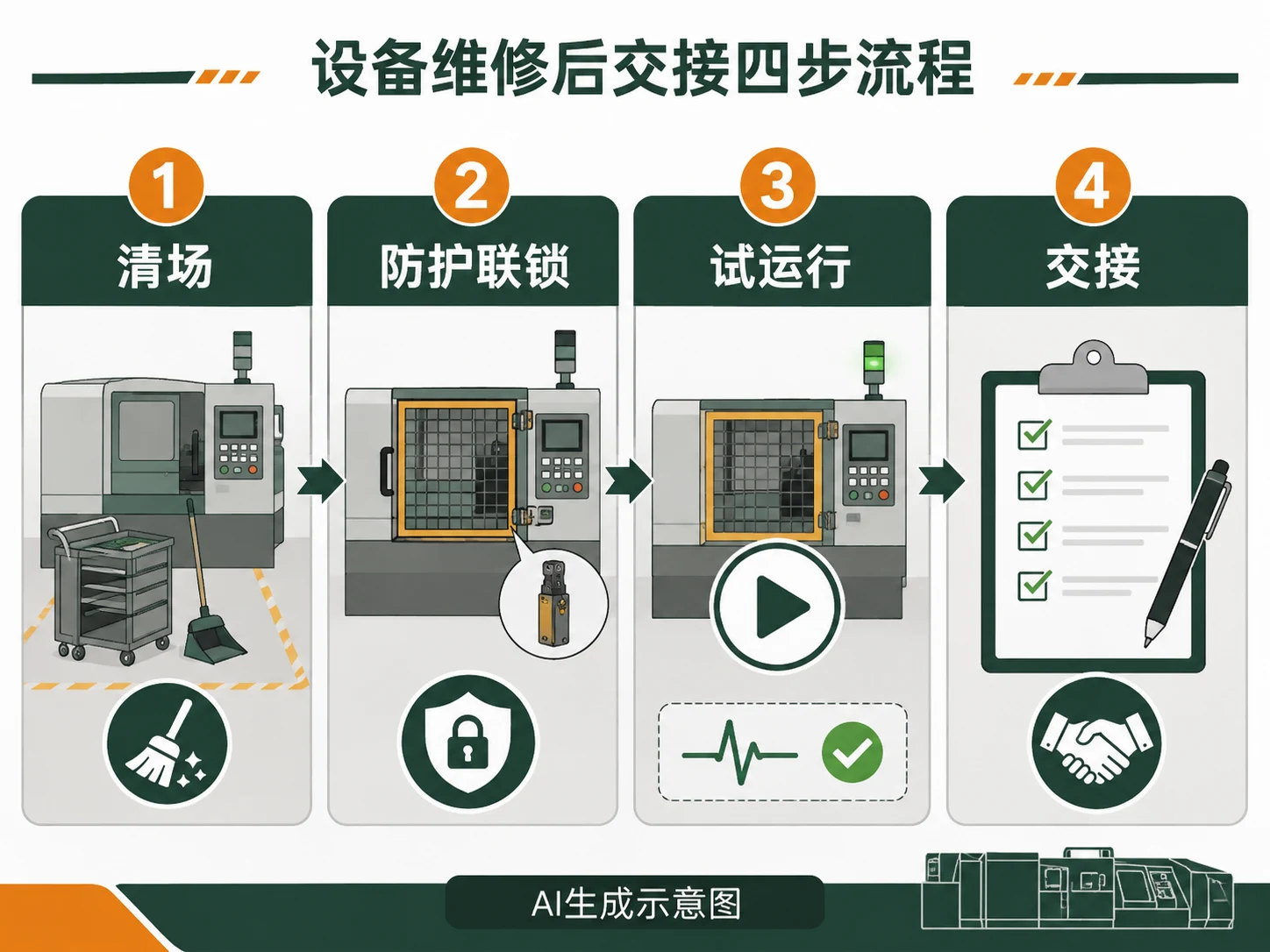 AI生成示意图:检修后按清场、防护联锁、试运行、交接四项分别确认