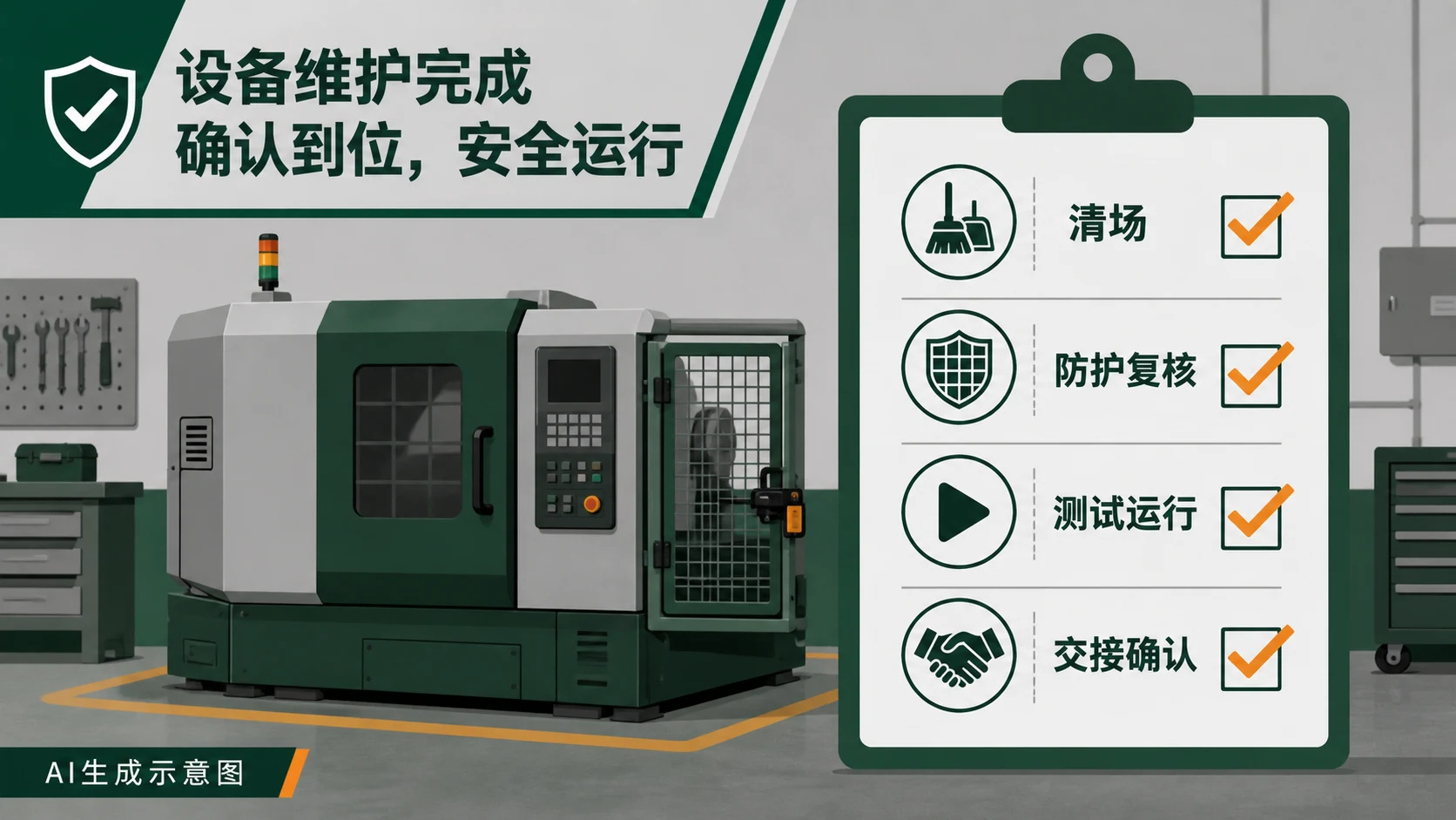 AI生成示意图:检修后重新启用记录分为工具清场、防护复核和交接确认