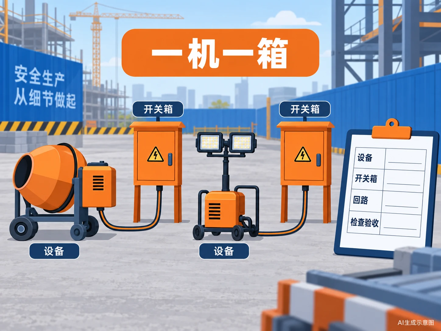 临时用电设备、专用开关箱和验收记录对应关系的示意,AI生成示意图