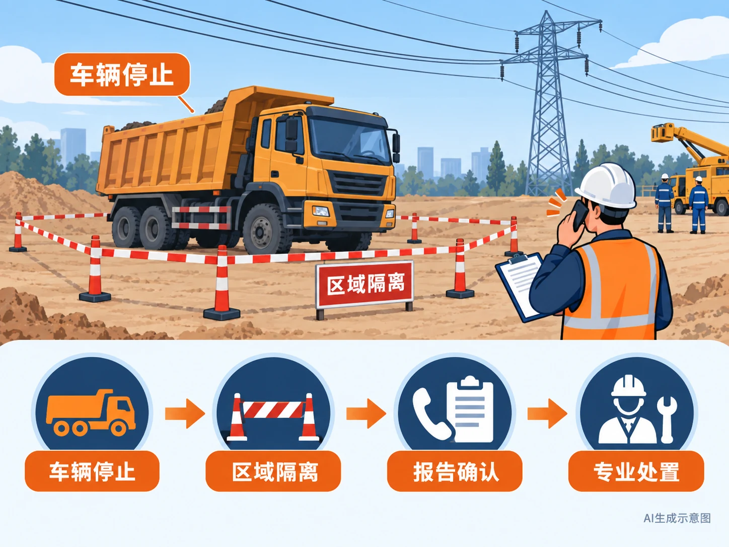车辆接触线路后设置警戒、报告和专业处置流程的示意,AI生成示意图