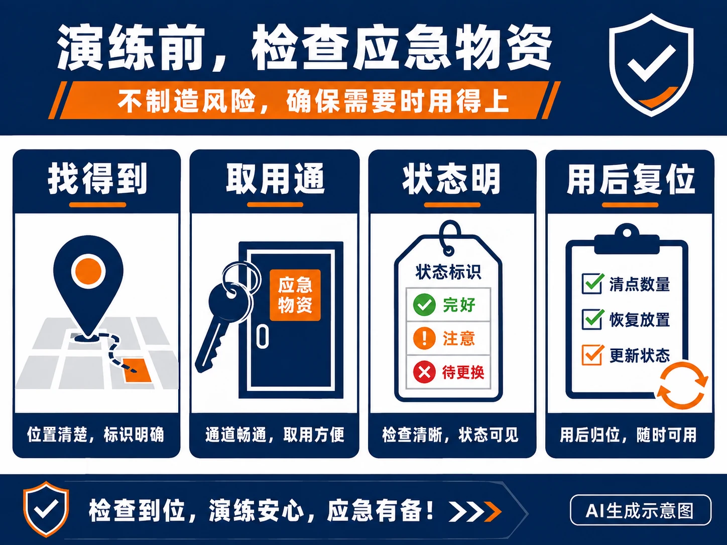 AI生成示意图:找得到、取用通、状态明、用后复位四项物资可用性检查。