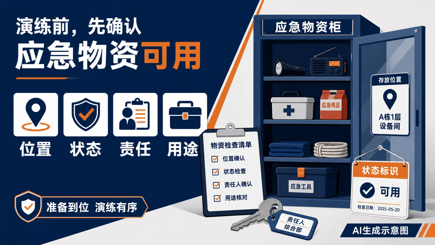 AI生成示意图:应急物资的位置、状态、责任和用途核对示意,不表示物资已经完成专业检测。