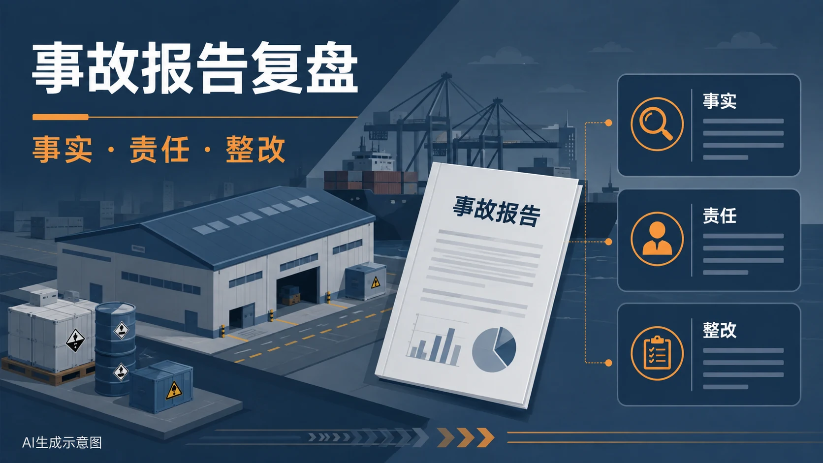 AI生成示意图:危险品仓库事故复盘按事实、责任和整改分栏