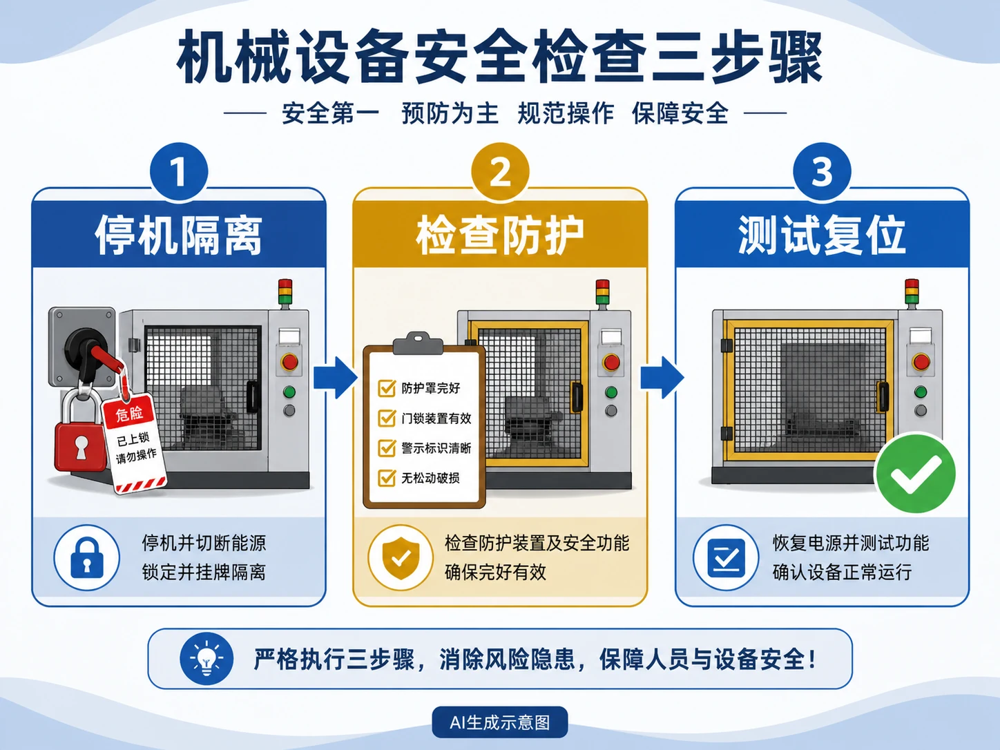 AI生成示意图:停机隔离、检查防护、测试复位三步流程